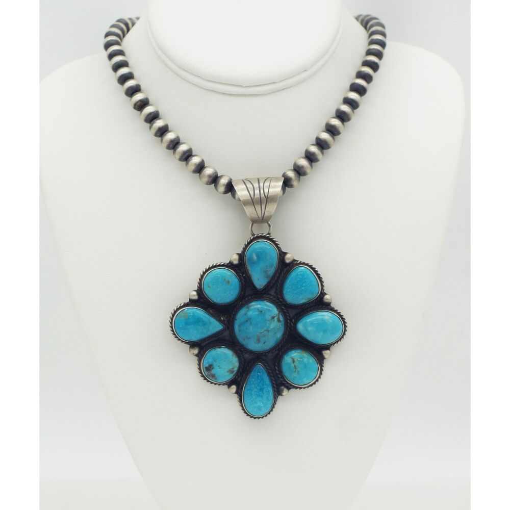 Native American Navajo Sterling Silver Bead & Turquoise Cluster Pendant Necklace